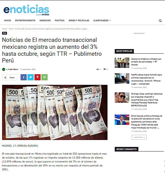 Noticias de El mercado transaccional mexicano registra un aumento del 3% hasta octubre, según TTR – Publimetro Perú